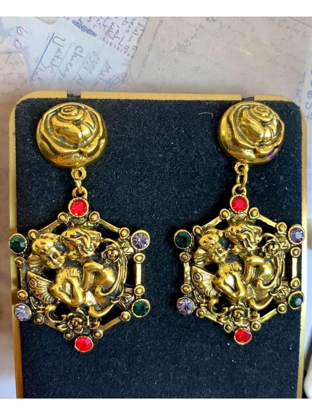 Maximalist Cherub Rose Yellow Metallic Rhinestone Drop Earrings